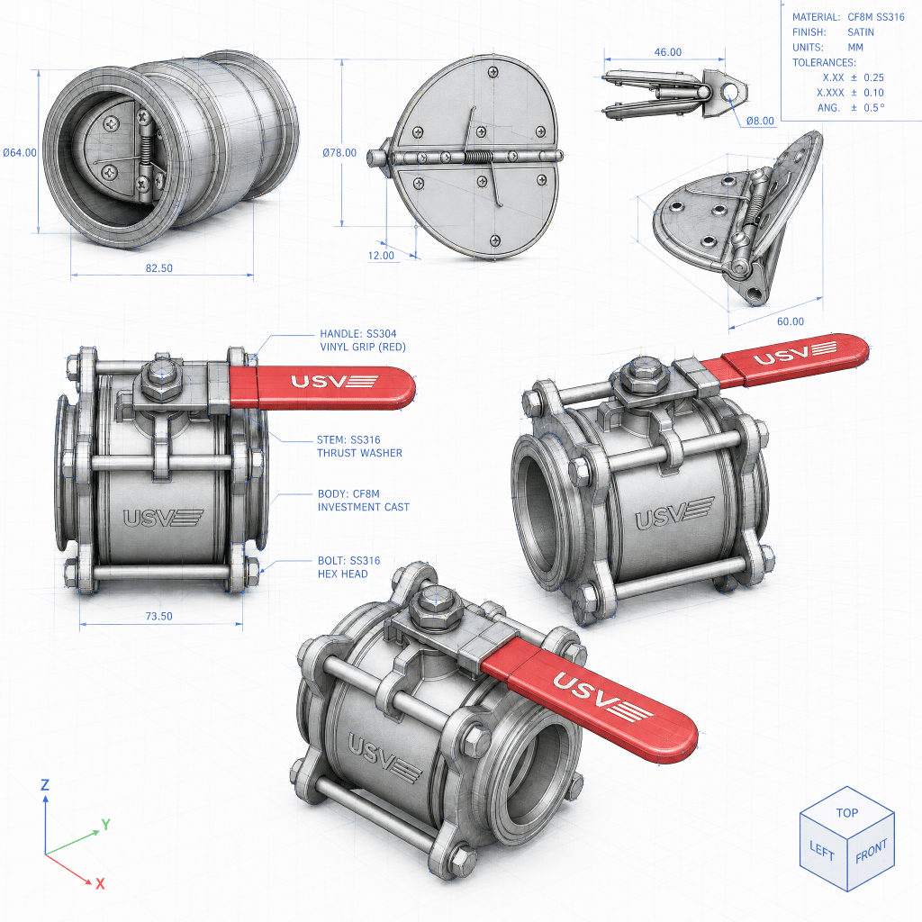 Renderizados en CAD de válvulas de bola de tres piezas de US Valve con manijas rojas y planos de ingeniería