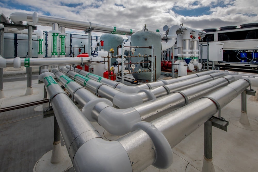 Industrial process piping and valves inside a manufacturing facility
