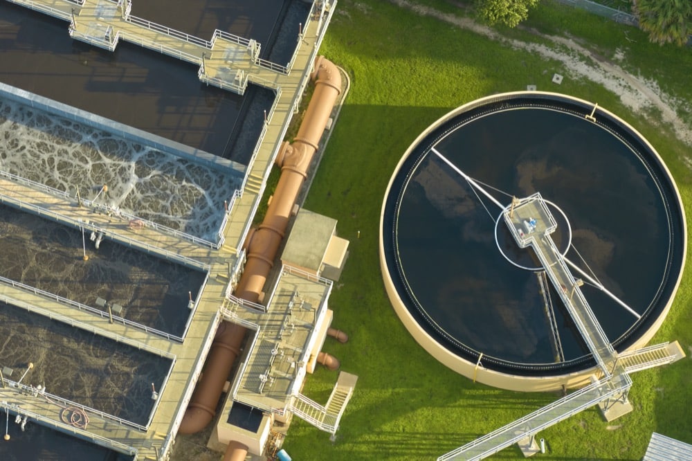 Aerial view of a water treatment plant clarifier using certified full-port valves