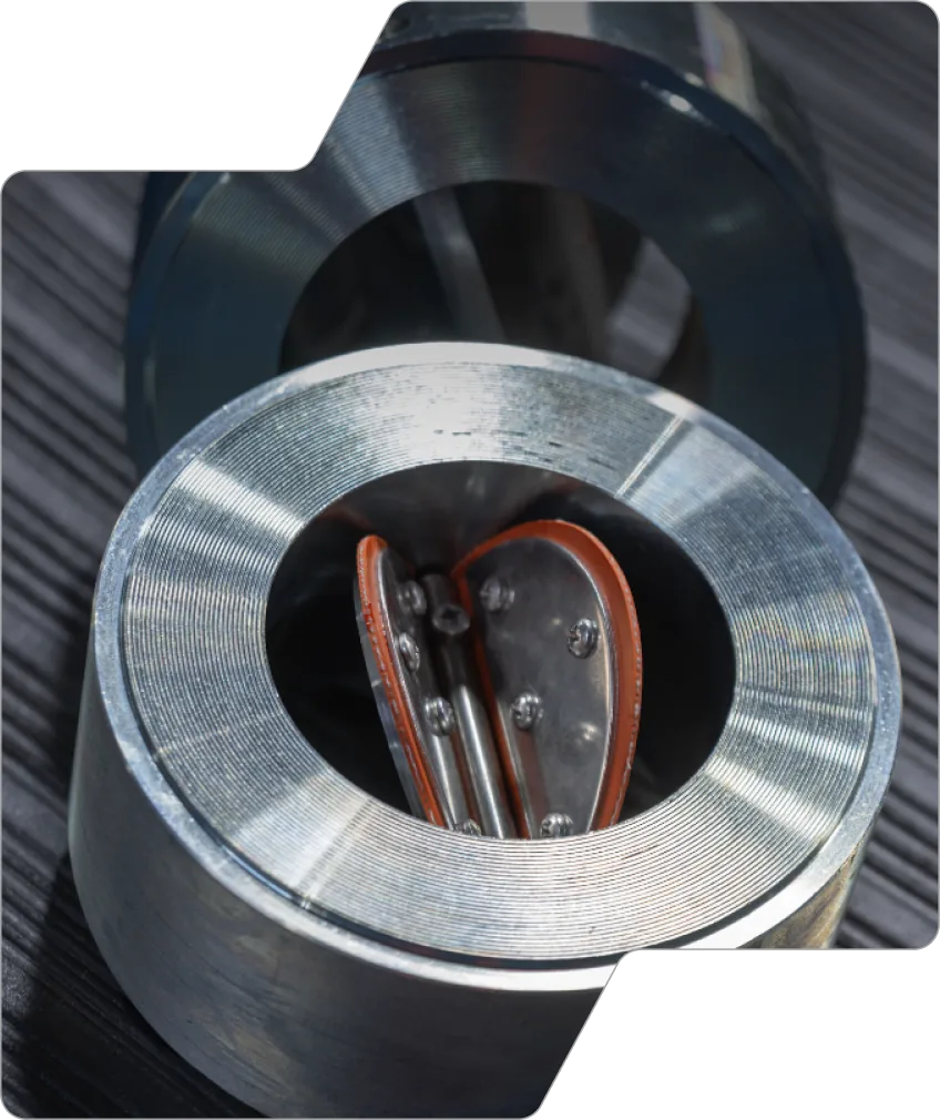 Close-up of a US Valve wafer check valve showing the elastomer hinge
