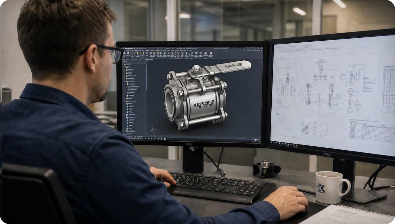 Een ingenieur bij US Valve bekijkt op twee beeldschermen het CAD-model en de specificaties van een kogelkraan